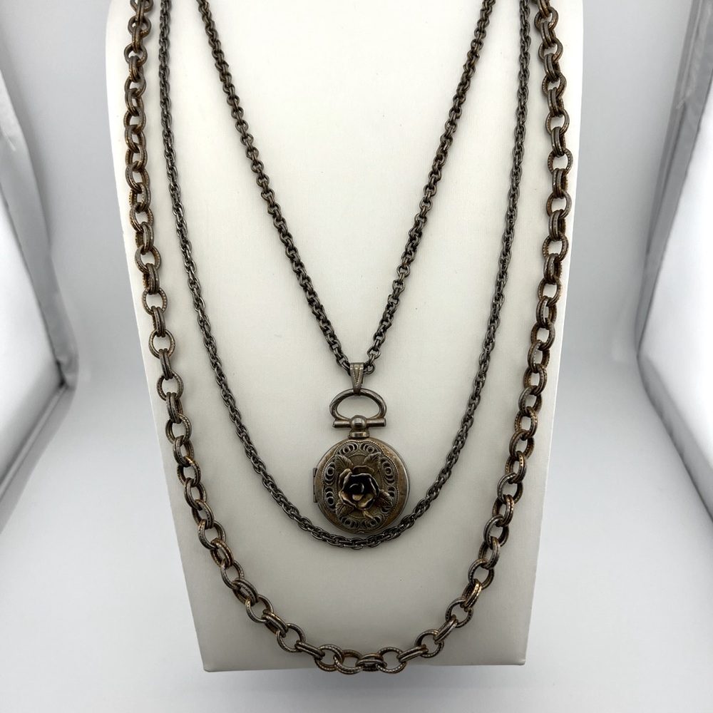 Silver Toned Triple Strand Rose Locket Necklace